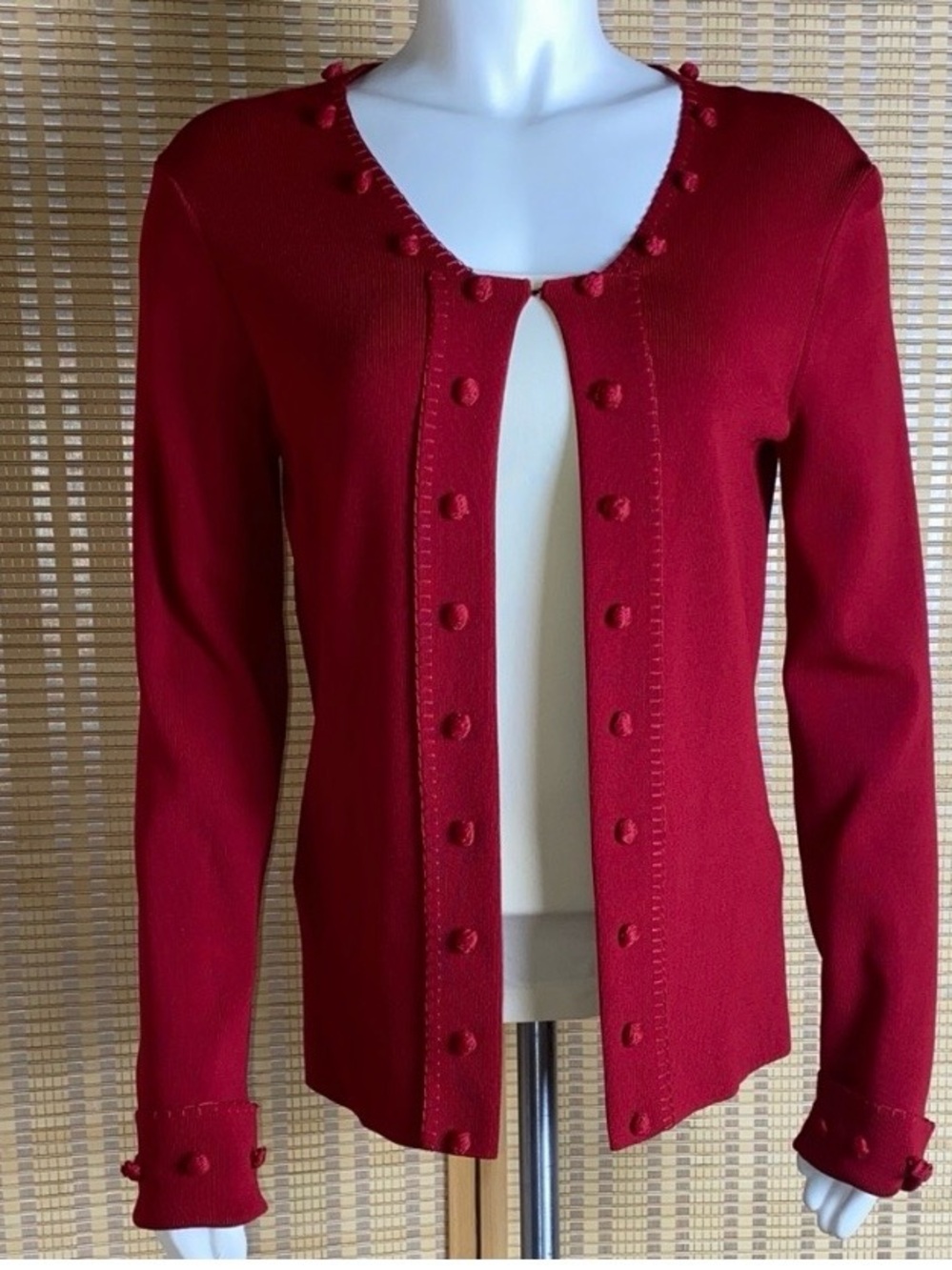 BCBGMaxazria Red Cardigan Sweater With Bobble Accent Long Sleeve Size Medium